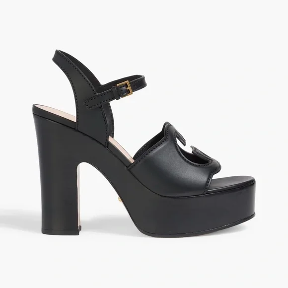 GUCCI Women's Interlocking G Cut-Out Platform Sandals Leather Black - Picture 2 of 12